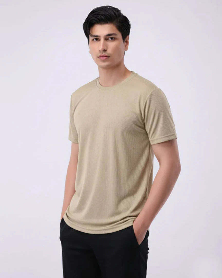 Imported Lycra Textured T-Shirt – Sand Beige