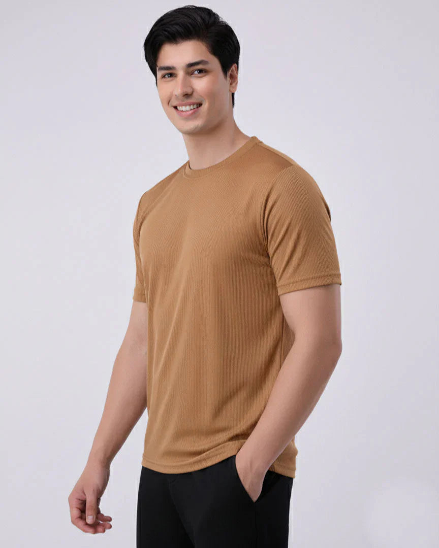 Imported Lycra Textured T-Shirt – Camel Brown