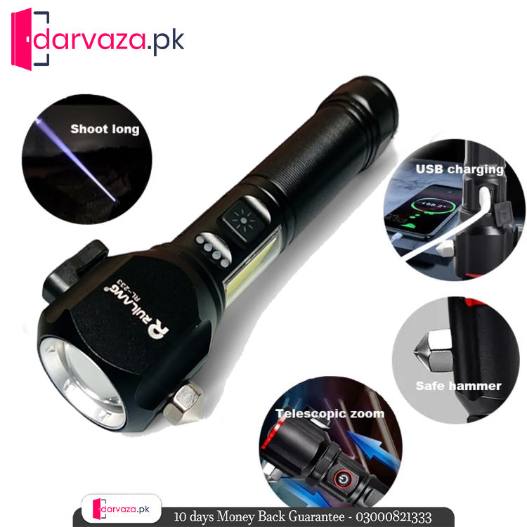 Ruilang Torch RL233 Metal LED FlashLight with Cutter Hammer and Mobile Power Bank