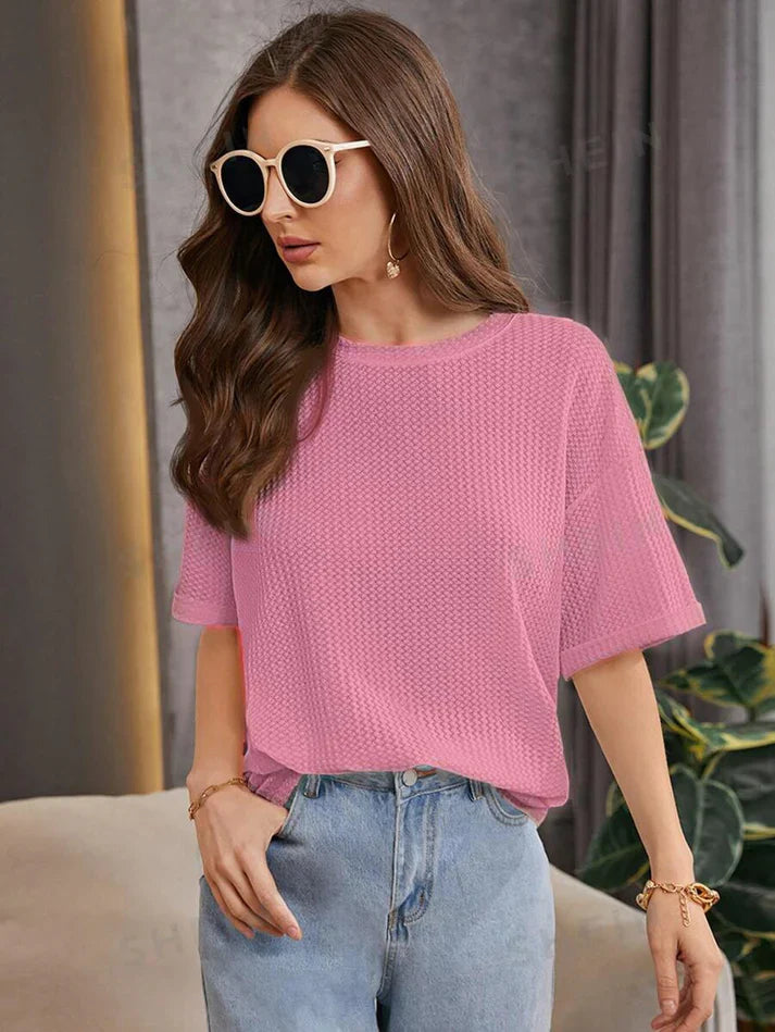 Premium Oversized Waffle Knitted Tee – Pink