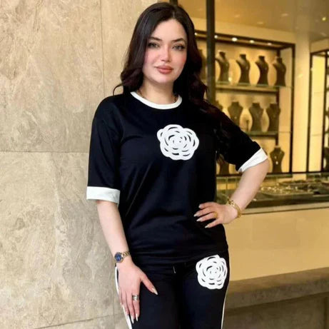 Flower Style Track Suit (Black) – Round Neck Half Sleeves T-Shirt and Trouser Suit for Women