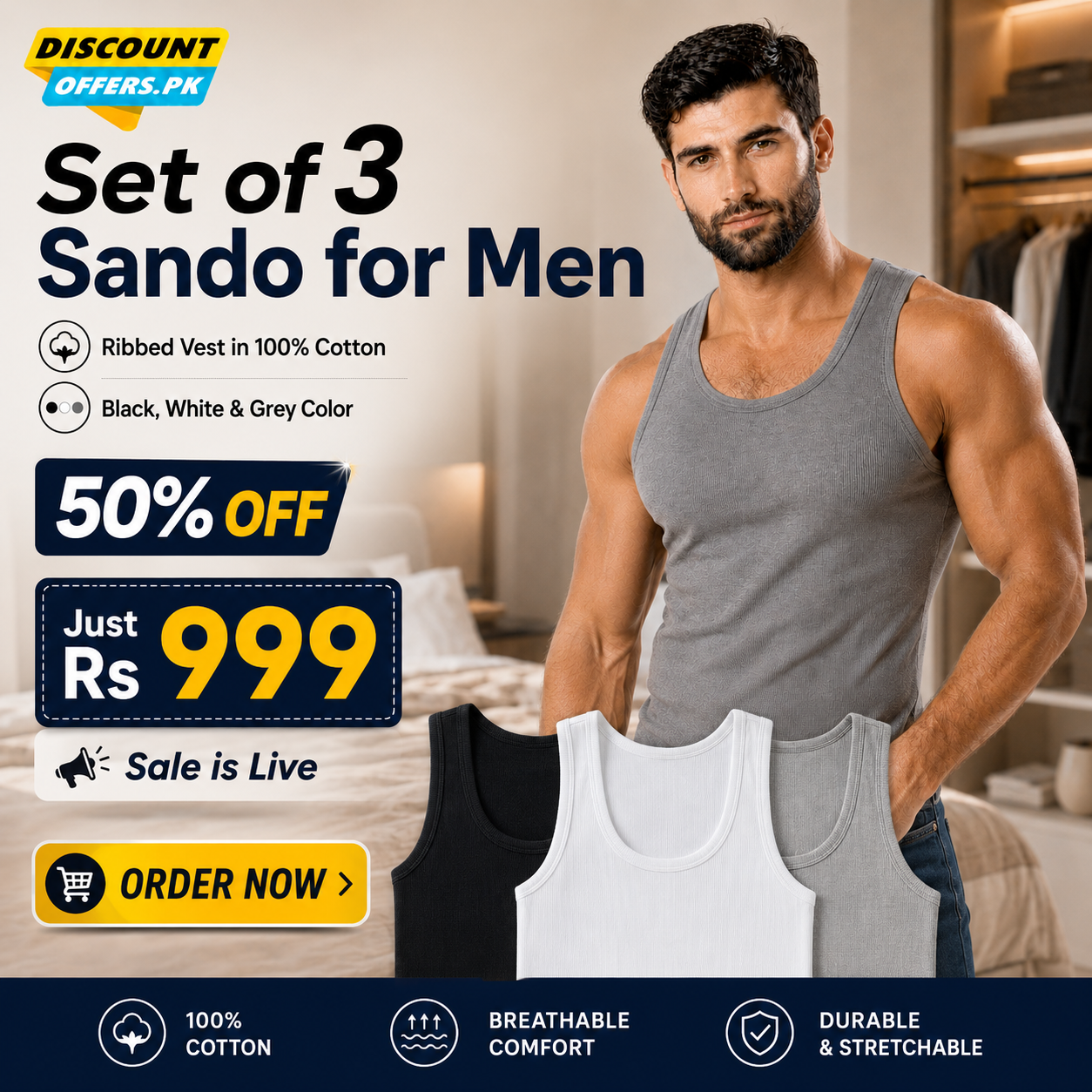 Set of 3 Sando for Men Ribbed Vest in Cotton