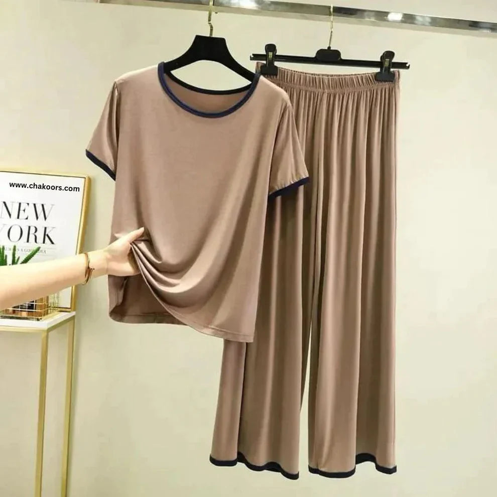 Plain Coffee Colour T-Shirt with Black Round Neck and Plazzo Pajama