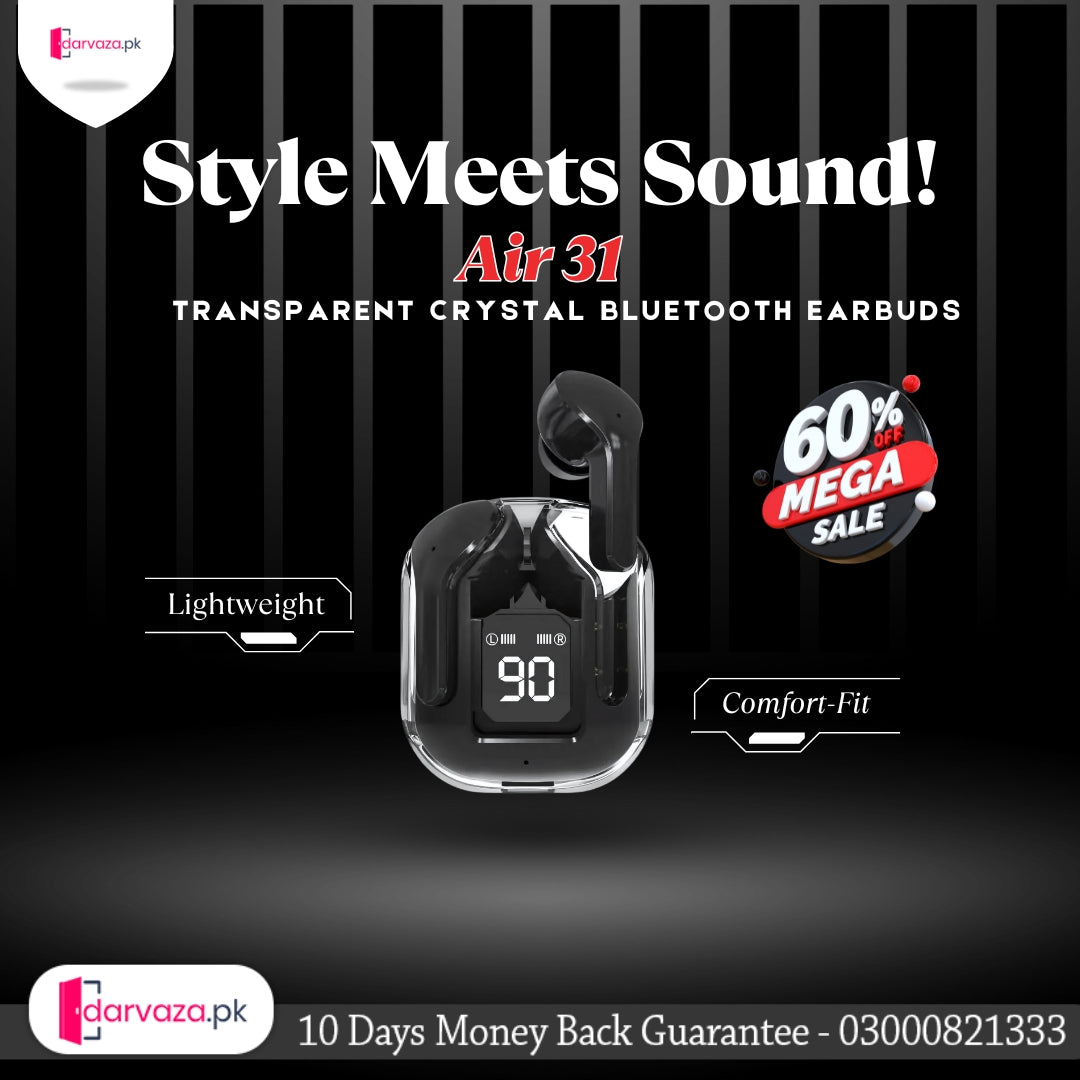 Premium Quality Air 31 Transparent Crystal Bluetooth Wireless Earbuds Head Set for Clear Loud & Distortion Free Sound