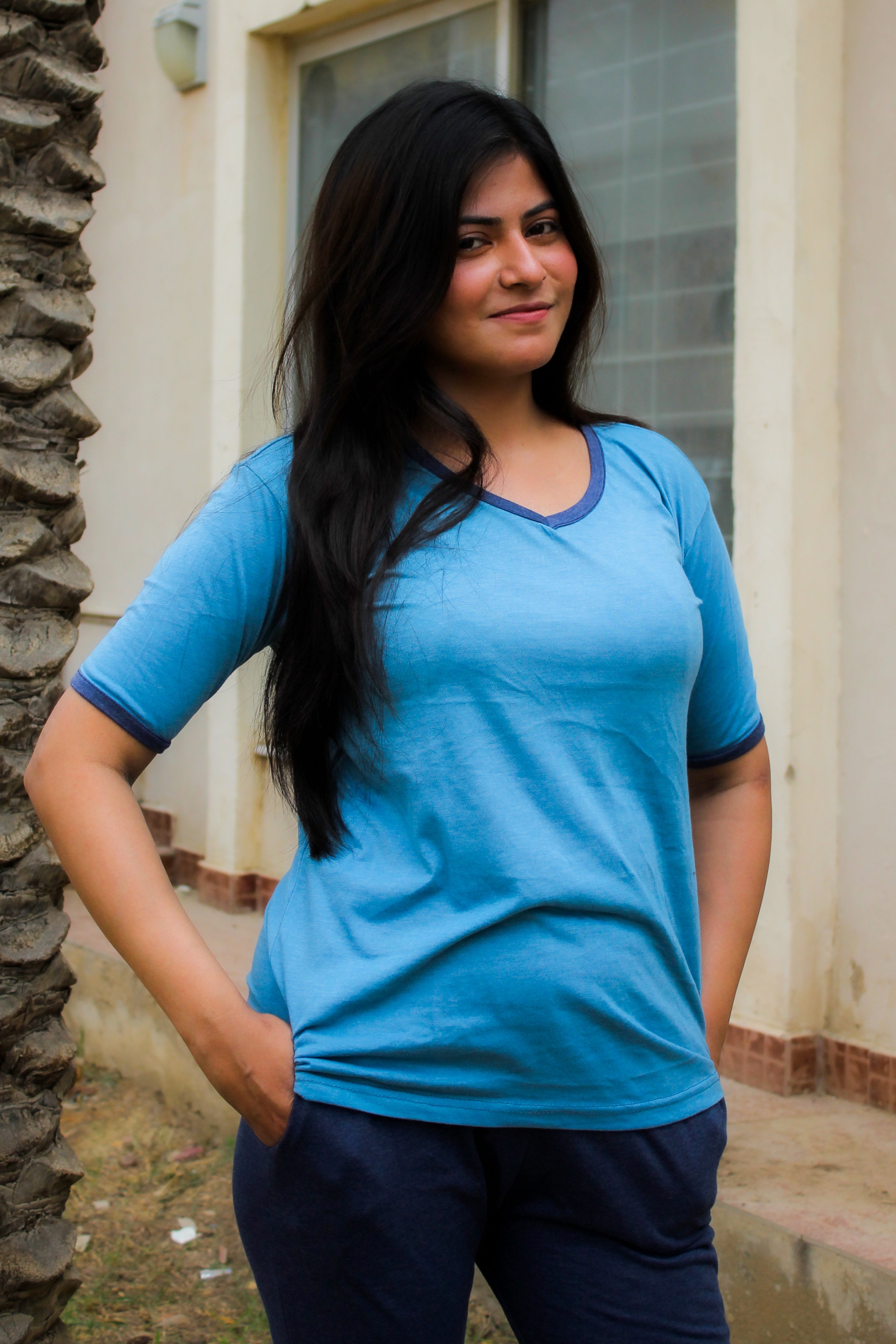 New Blue V-Neck T-Shirt with Contrast Pocket Pajama