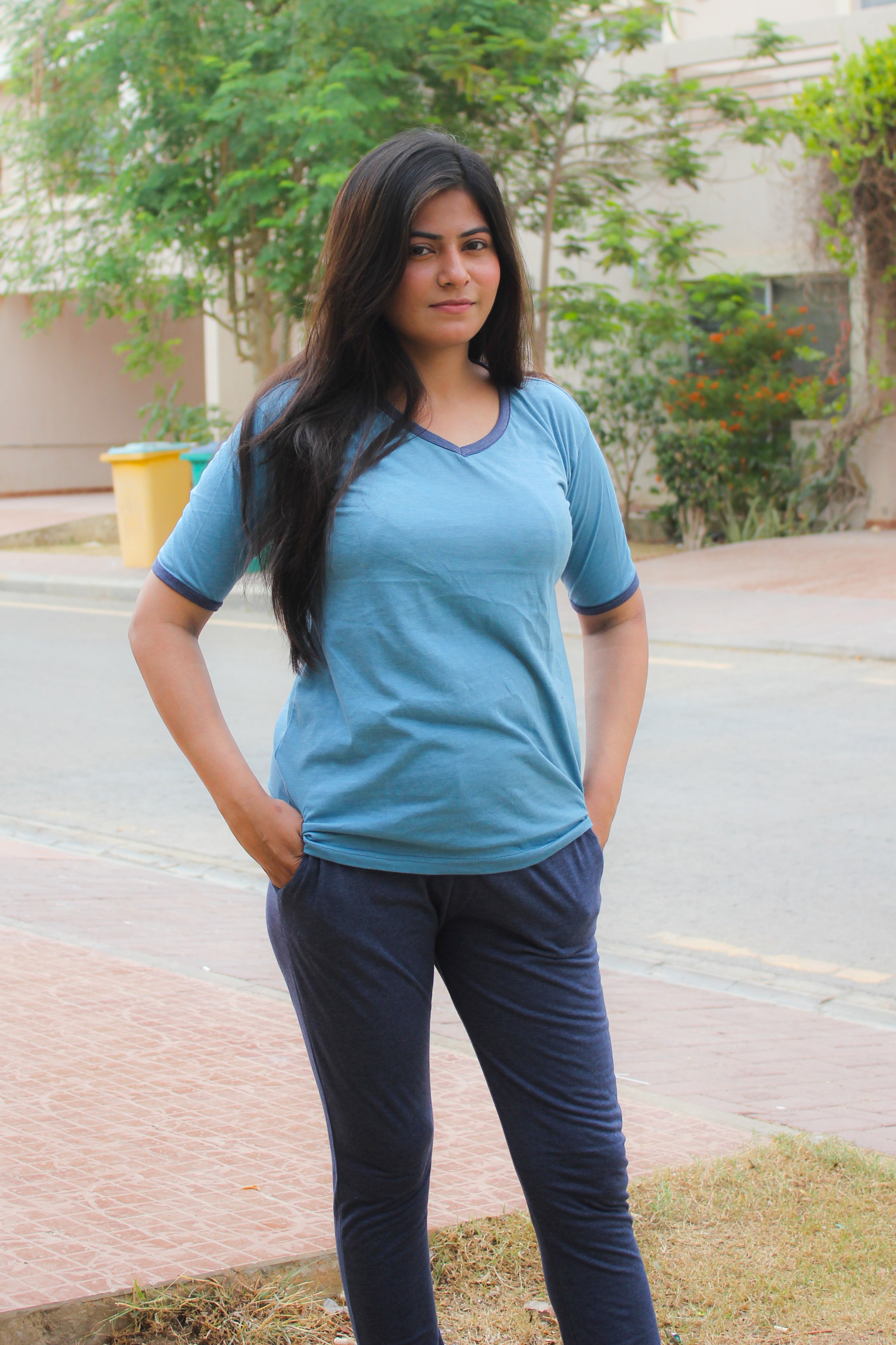New Blue V-Neck T-Shirt with Contrast Pocket Pajama