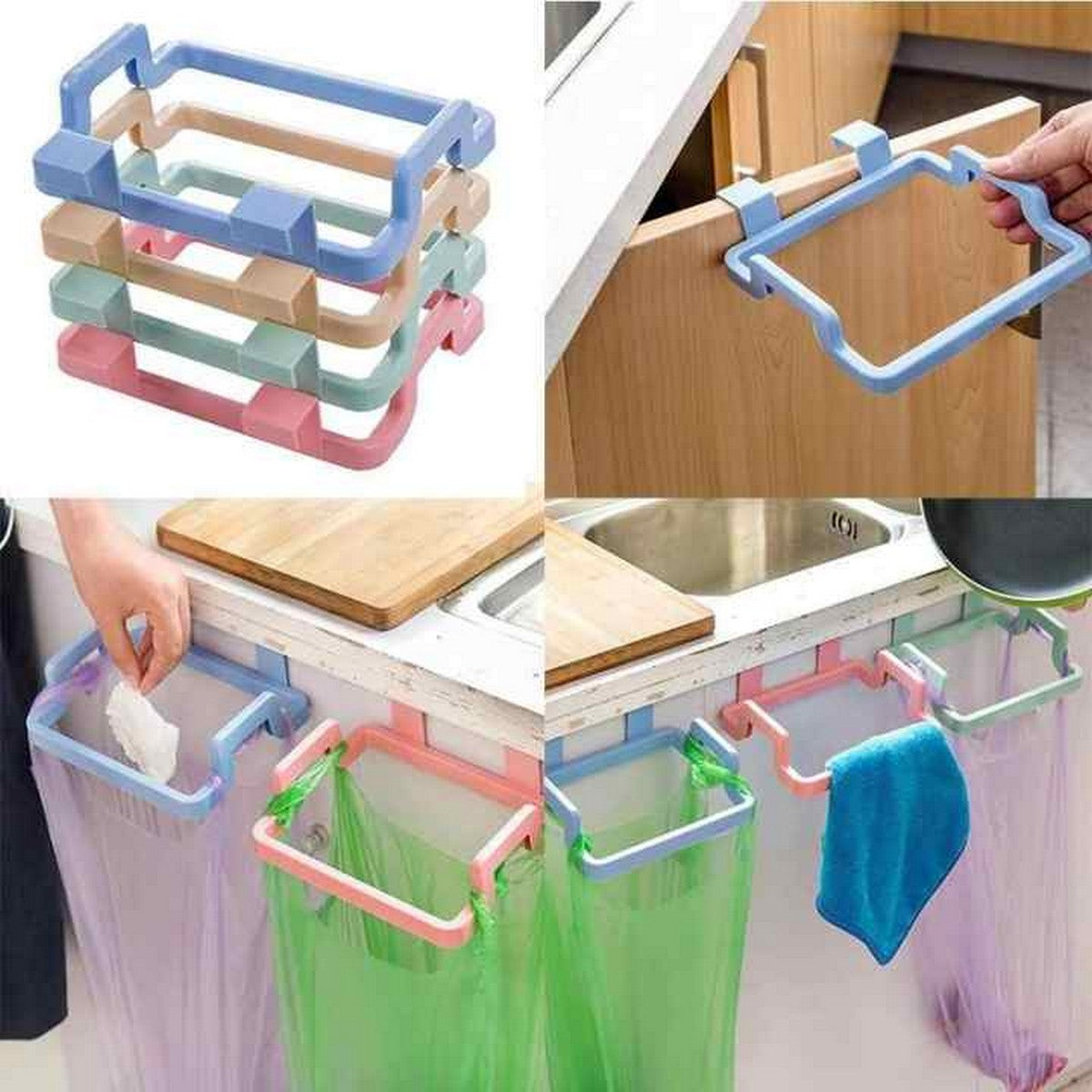 (Pack of 3) Reusable Plastic Bag Holder Rack Over the Cabinet Garbage Container For Kitchen and More