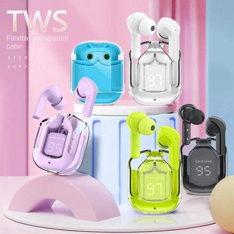 Azaadi Sale Offer Premium Quality Air 31 Transparent Crystal Bluetooth Wireless Earbuds Head Set for Clear Loud & Distortion Free Sound