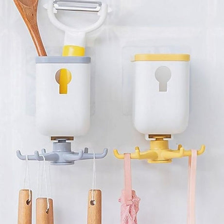 360 Degree Rotating Wall Mounted Self Adhesive Hanging Hook with Storage Box Organizer Holder For Kitchen Use