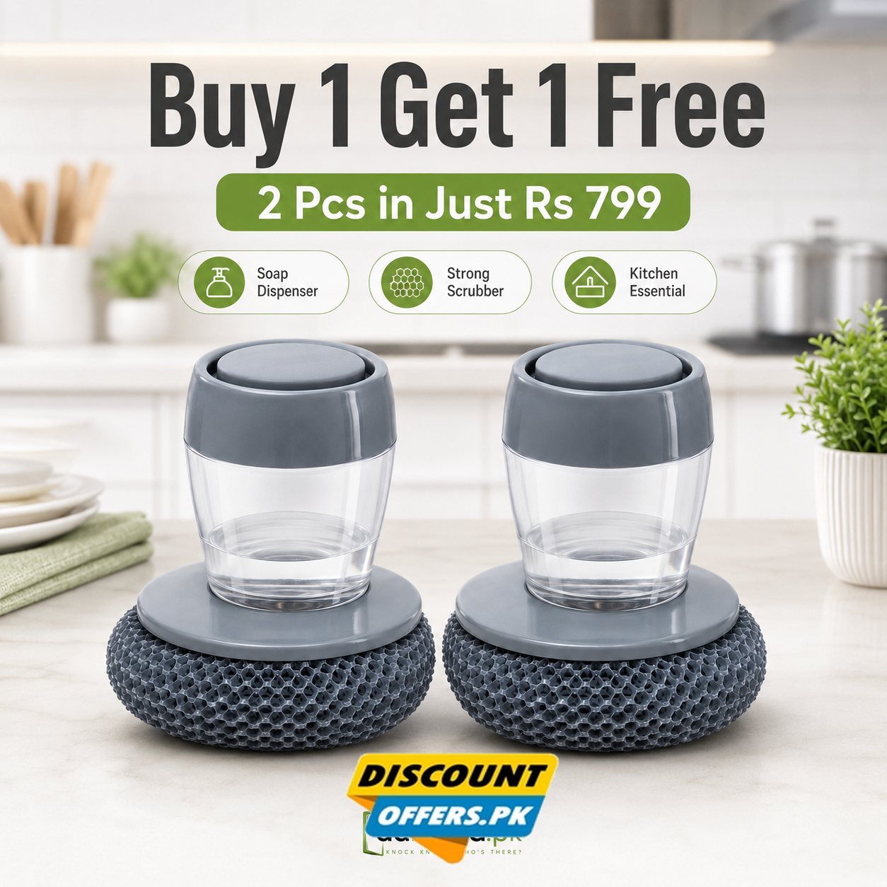 Buy 1 Get 1 Free Offer 2 Pcs Kitchen Cleaning Dish Brush Scrubber with Soap Dispenser