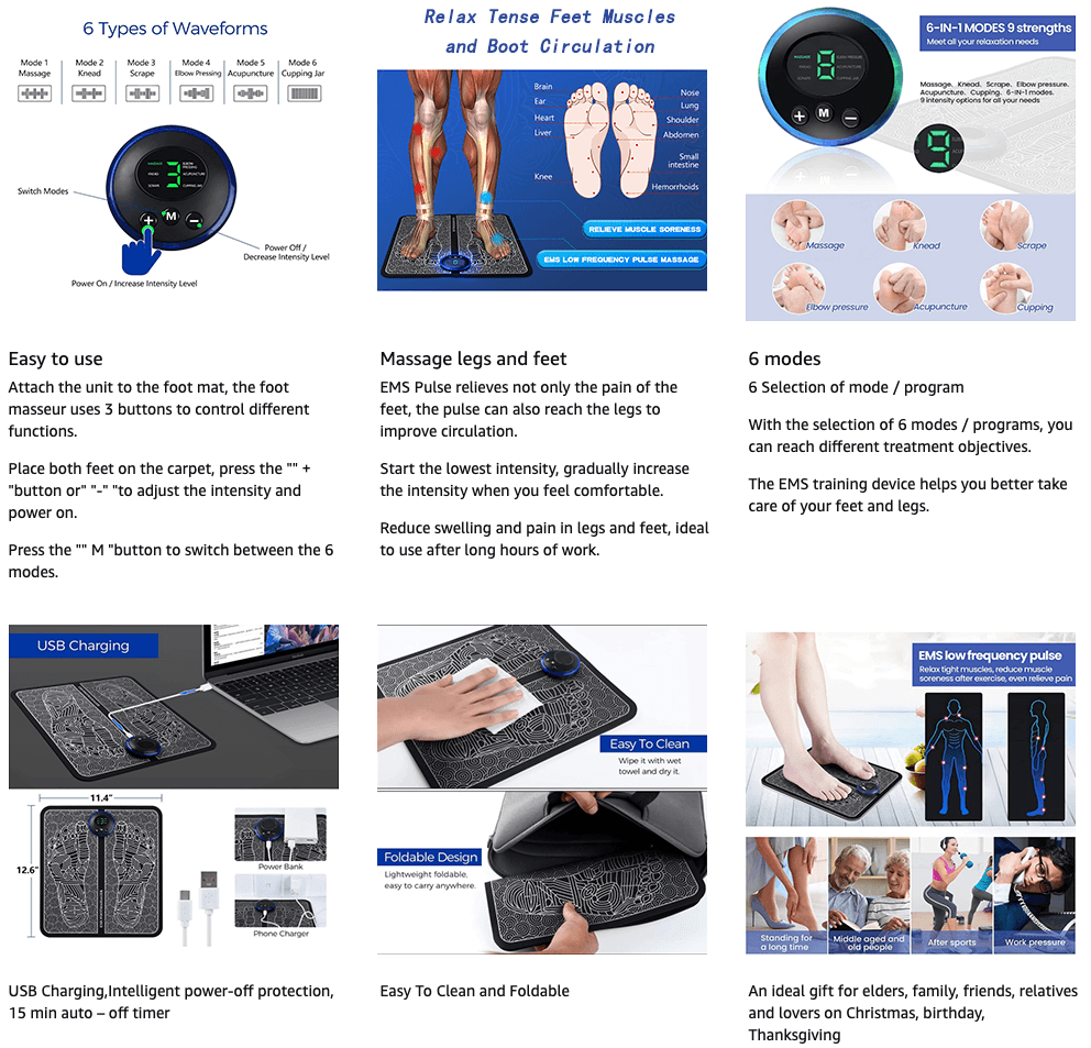 EMS Foot Massager - Portable Feet Massage Machine, Electronic Muscle Stimulatior Massage Mat USB Rechargeable