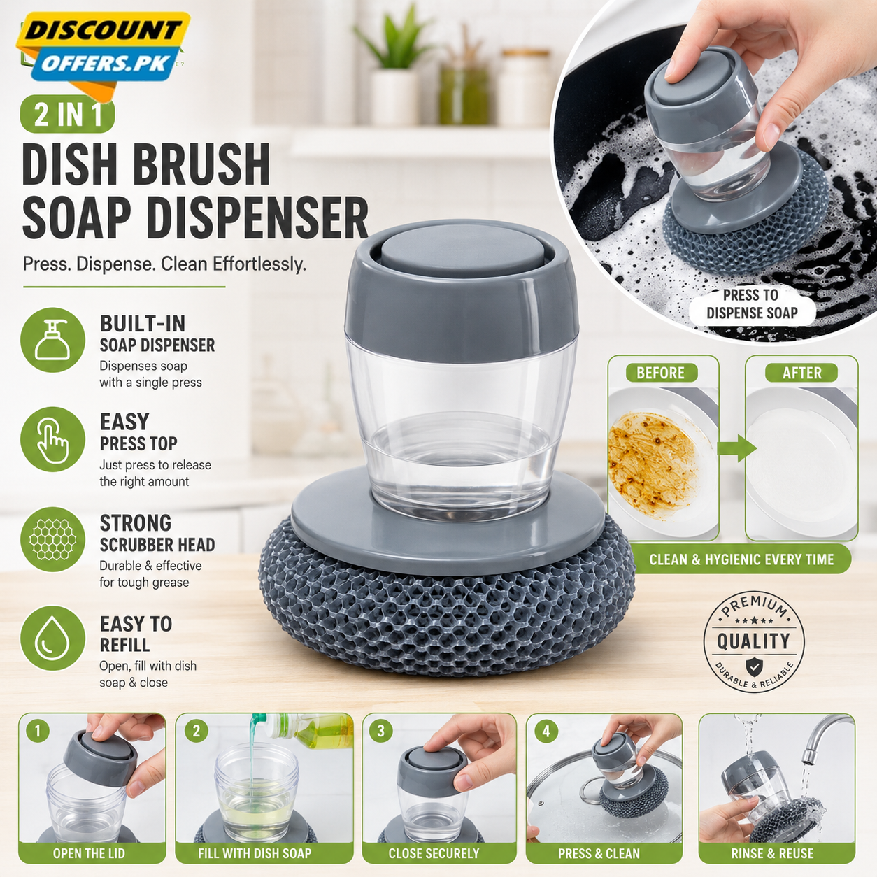 Buy 1 Get 1 Free Offer 2 Pcs Kitchen Cleaning Dish Brush Scrubber with Soap Dispenser