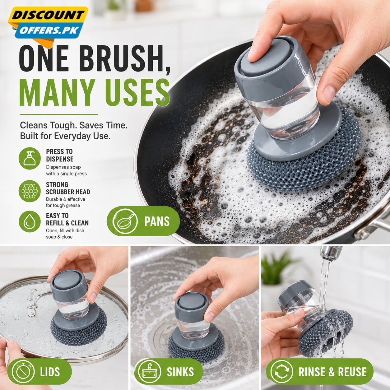 Buy 1 Get 1 Free Offer 2 Pcs Kitchen Cleaning Dish Brush Scrubber with Soap Dispenser