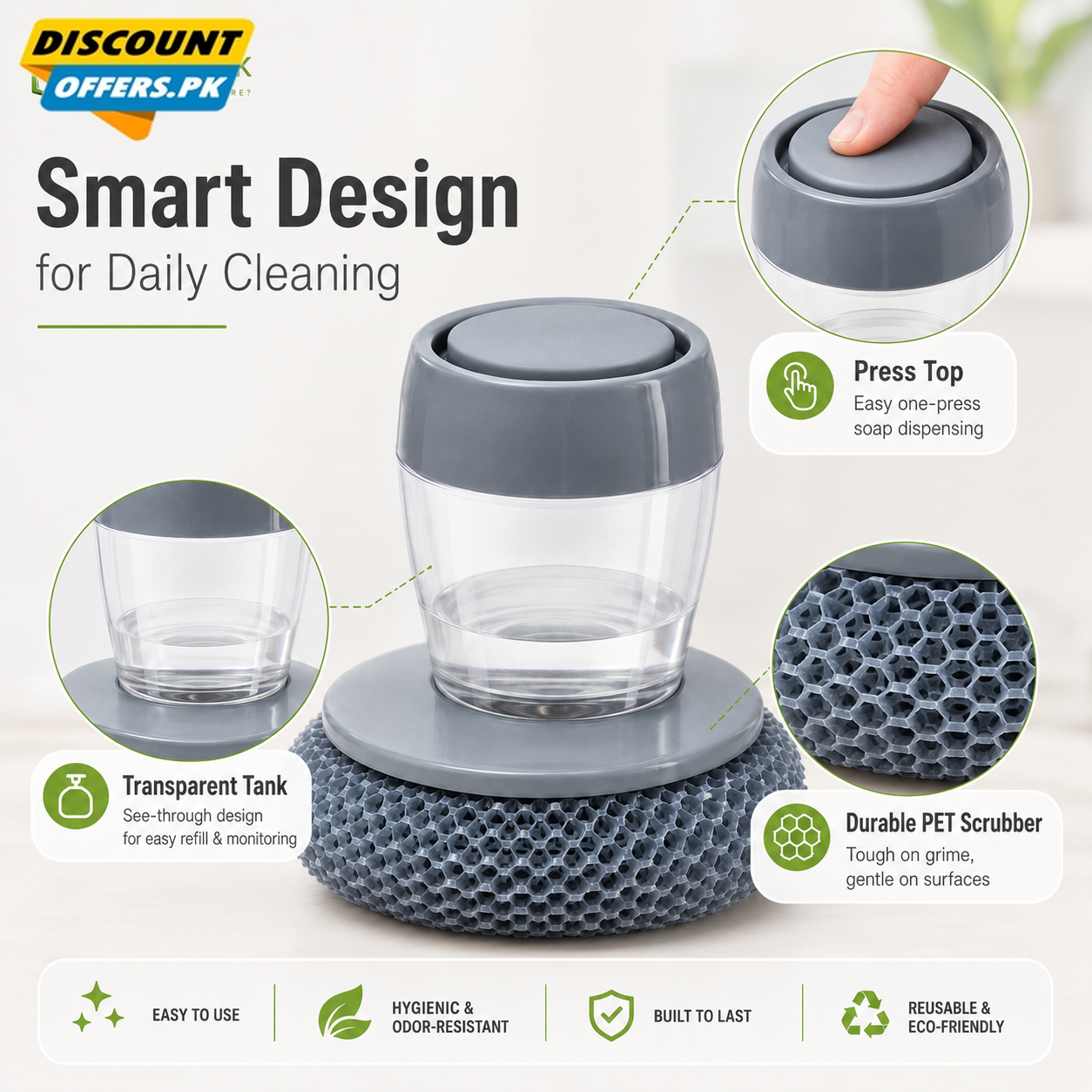 Buy 1 Get 1 Free Offer 2 Pcs Kitchen Cleaning Dish Brush Scrubber with Soap Dispenser