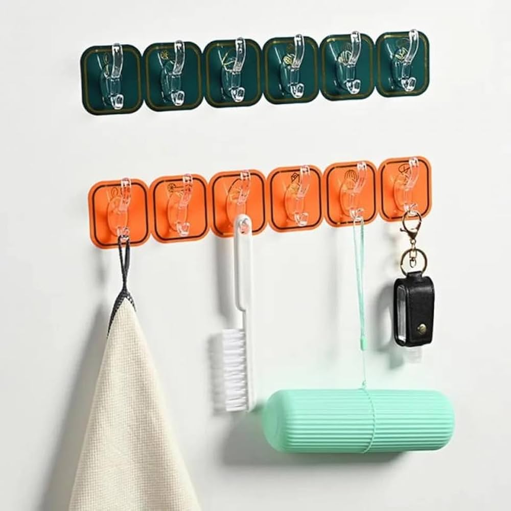 (Pack of 2) Wall Mounted Punch Free Strong Self Adhesive Stylish 6 Hook in Row For Home and Outdoor Use