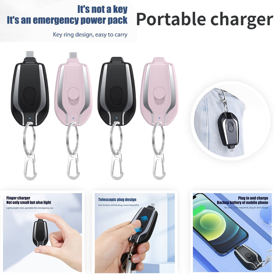 Mini Portable Keychain I Phone Charger For Emergency Power Charge with 1500mAh Powerful Battery