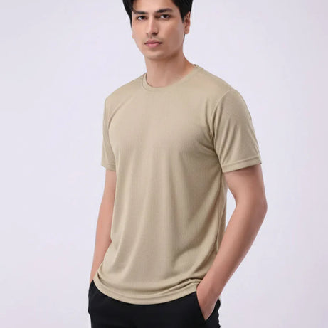 Imported Lycra Textured T-Shirt – Sand Beige