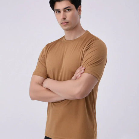 Imported Lycra Textured T-Shirt – Camel Brown