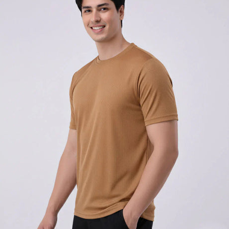 Imported Lycra Textured T-Shirt – Camel Brown