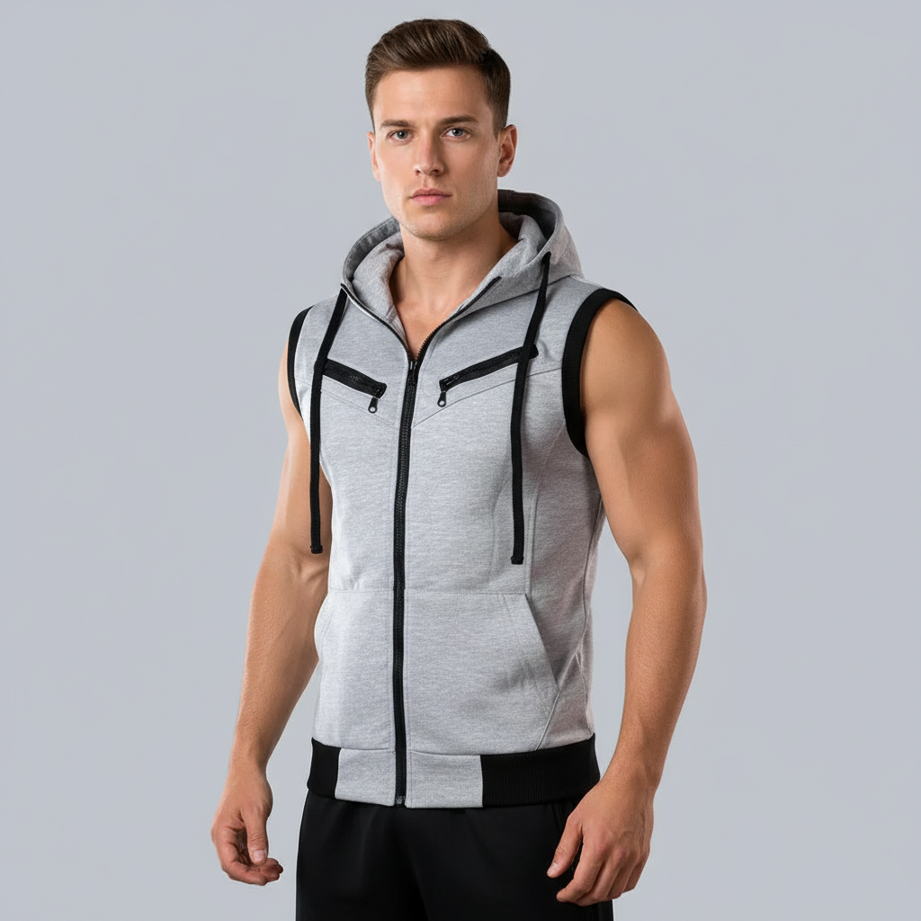 Sleeveless Zipper Hoodie in Gray in Just Rs 999