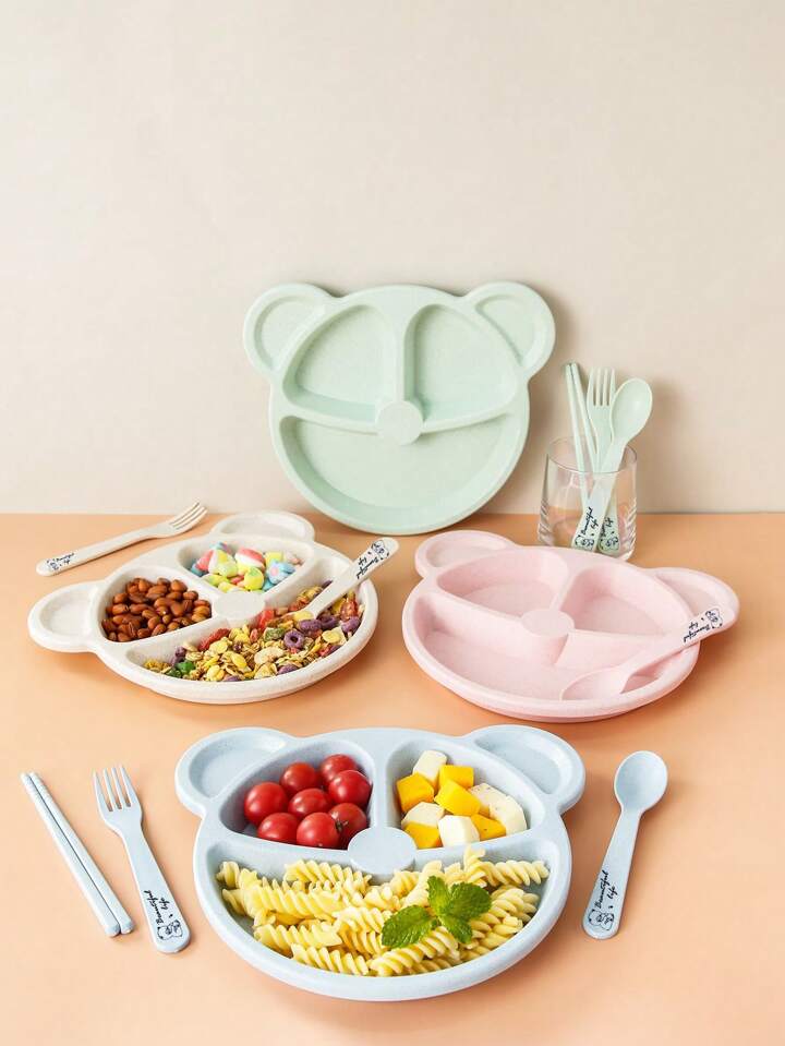 (Pack of 5) Multi Panda Shape Plates with 3 Spoons and 2 Forks