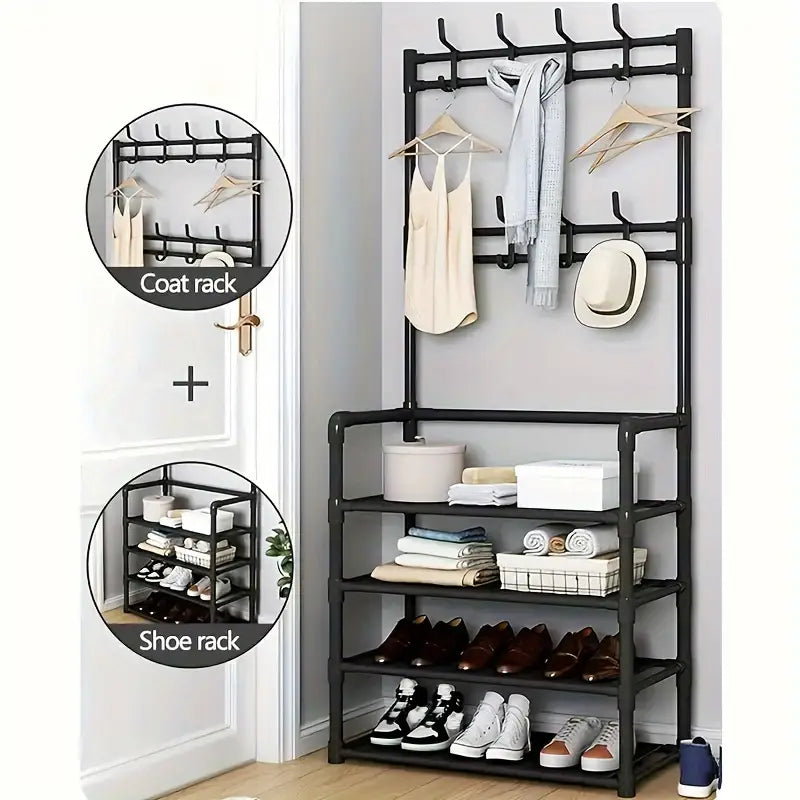 2 in 1 Metal Space Saving Entryway Coat and Shoe Racks Storage Organizer For Home Dorms and Apartments