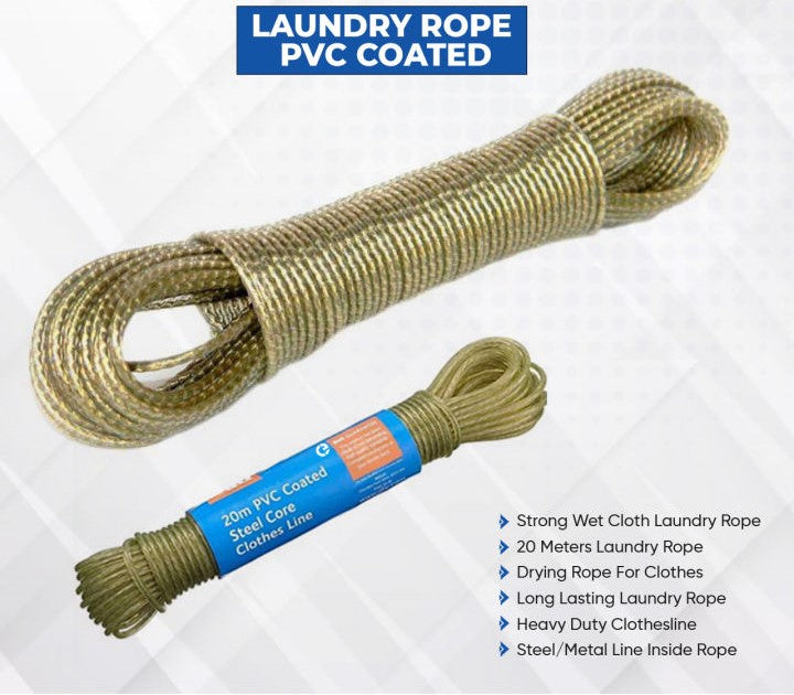 (Pack of 2) Heavy Duty 20 Meter PVC Metal Inner Rope for Laundry Wet Clothes