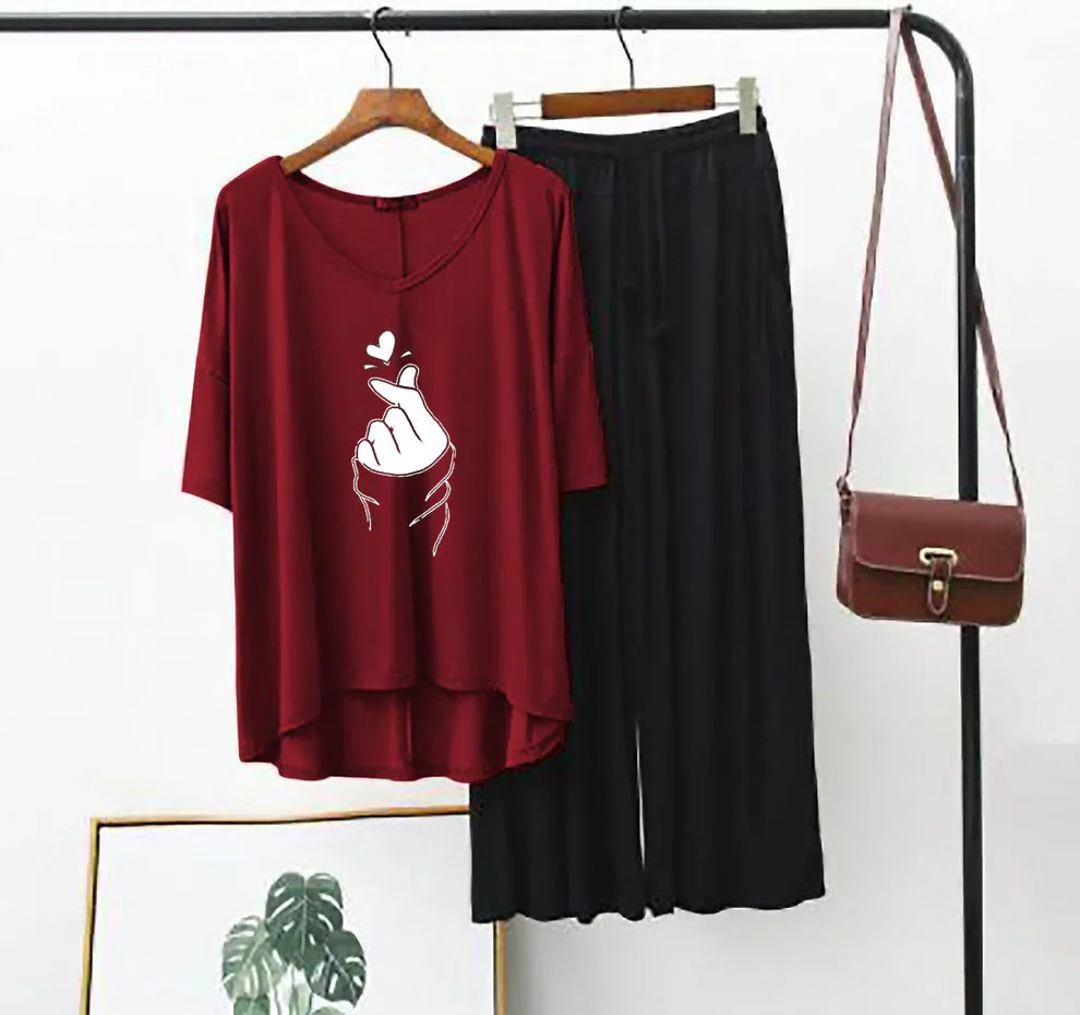 Plain Red K-Pop Heart V-Neck T-Shirt with Black Plazzo PJ Set