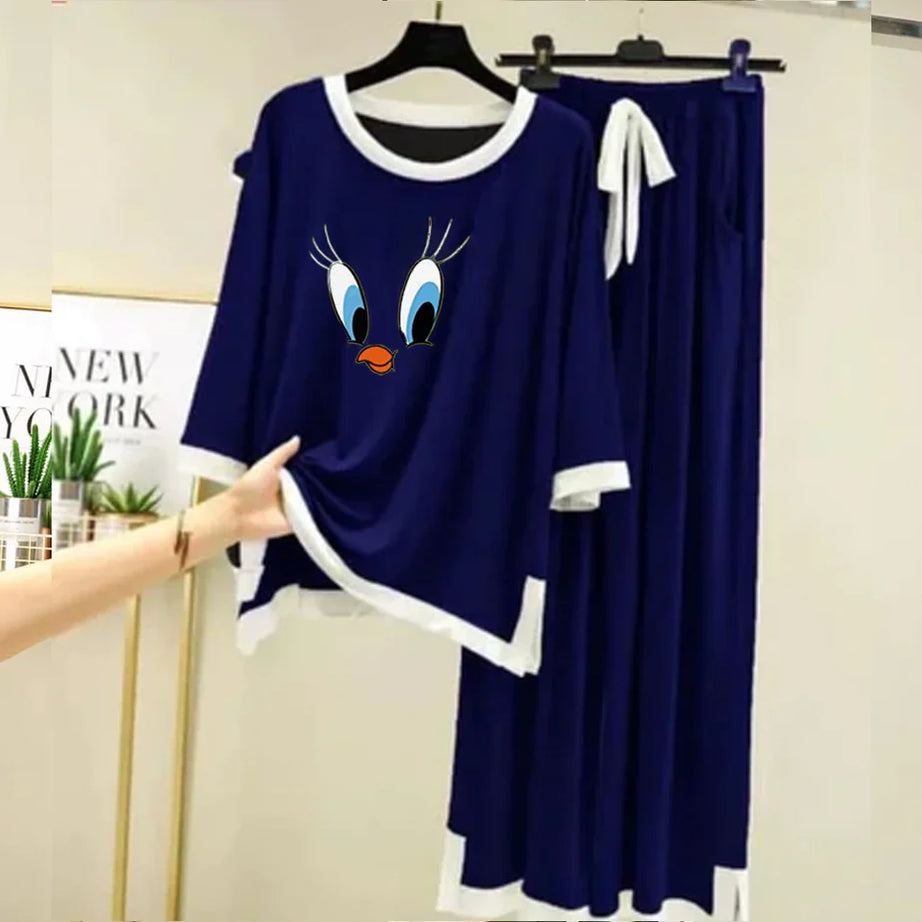 Navy Blue Daffy Duck White Round Neck Plazzo PJ Set