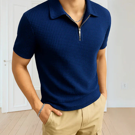 Waffle Knitted Zipper Polo – NAVY BLUE