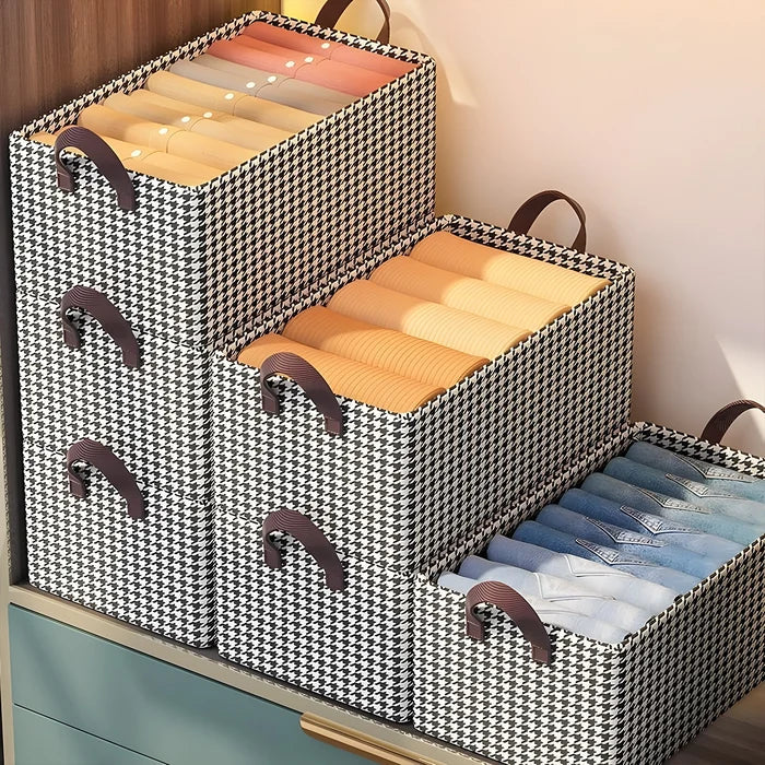 4 Pcs Brown Checkered Storage Cubes - Premium Foldable Closet Organizer Bins with Handles for Clothes, Toys & Accessories
