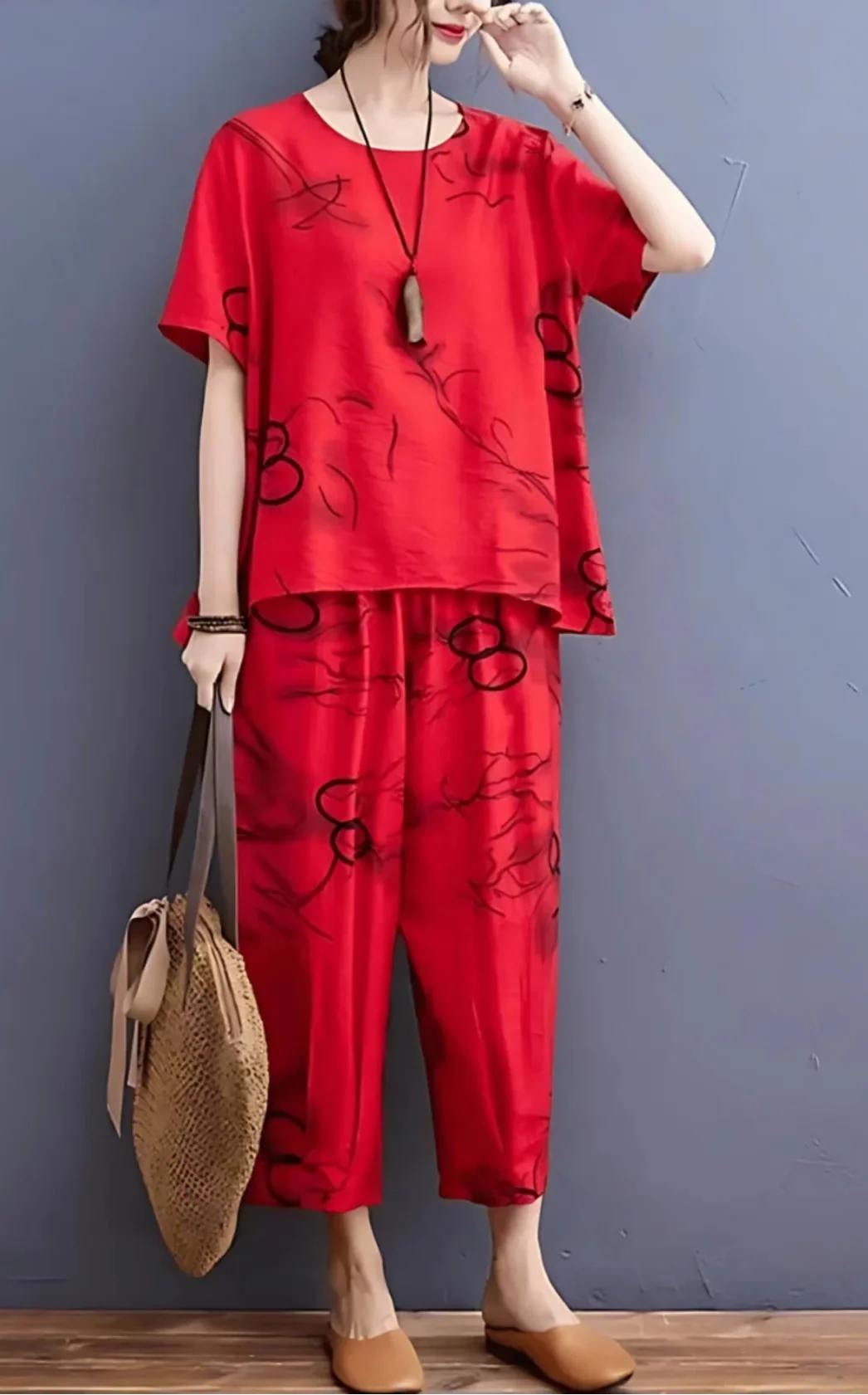 Red Ring Printed Capri Night Suit