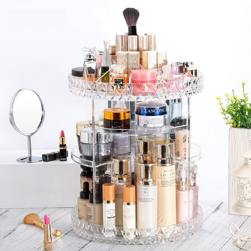 Makeup Organizer 360-Degree Rotating Cosmetic Storage Box with Adjustable & Large Capacity in Diamond Pattern
