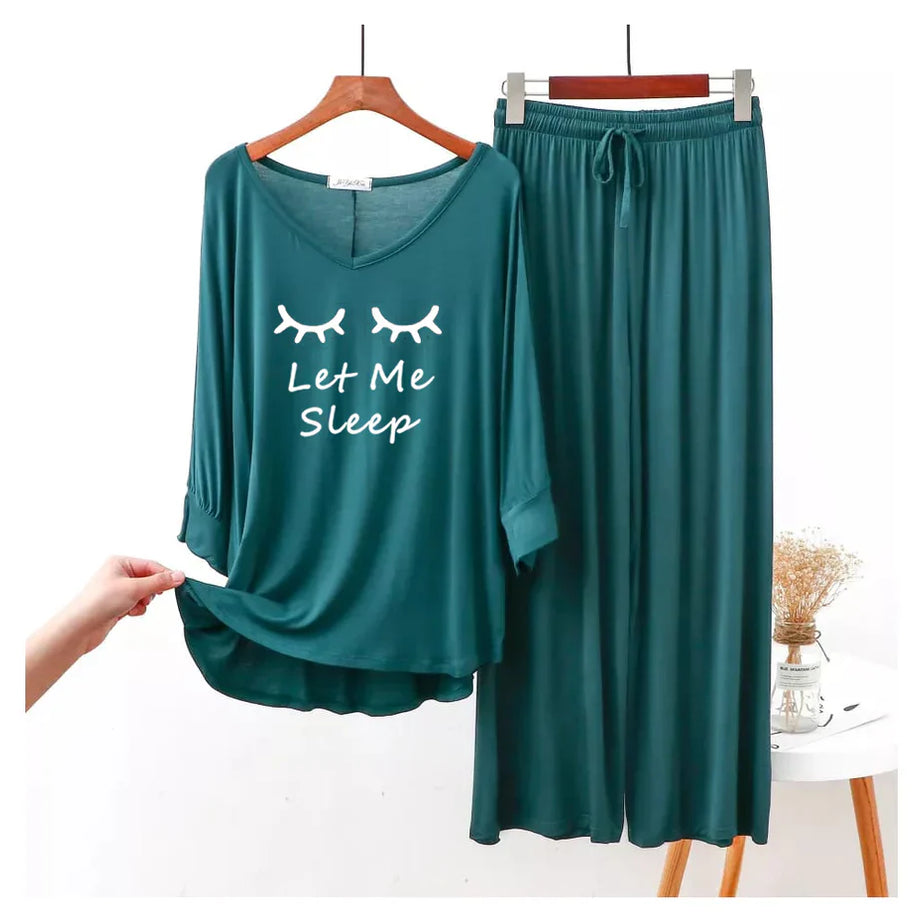Persian Blue “Let Me Sleep” V-Neck Women Night Suit PJ Set