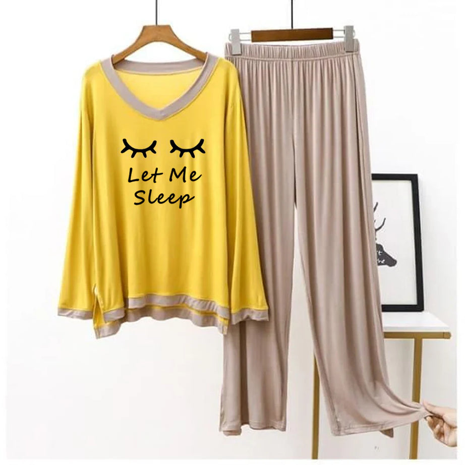 Yellow “Let Me Sleep” V-Neck T-Shirt with Contrast Trouser PJ Set