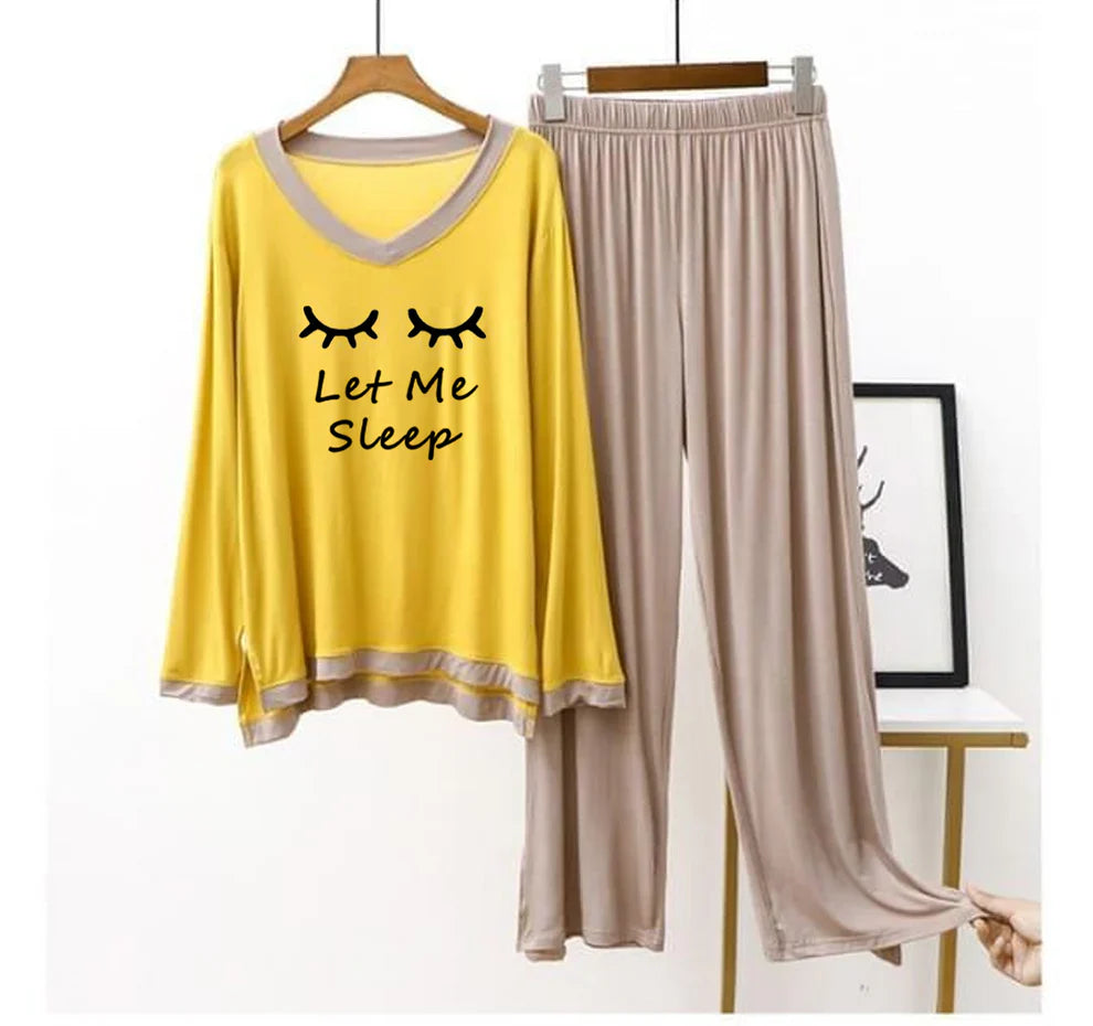 Yellow “Let Me Sleep” V-Neck T-Shirt with Contrast Trouser PJ Set