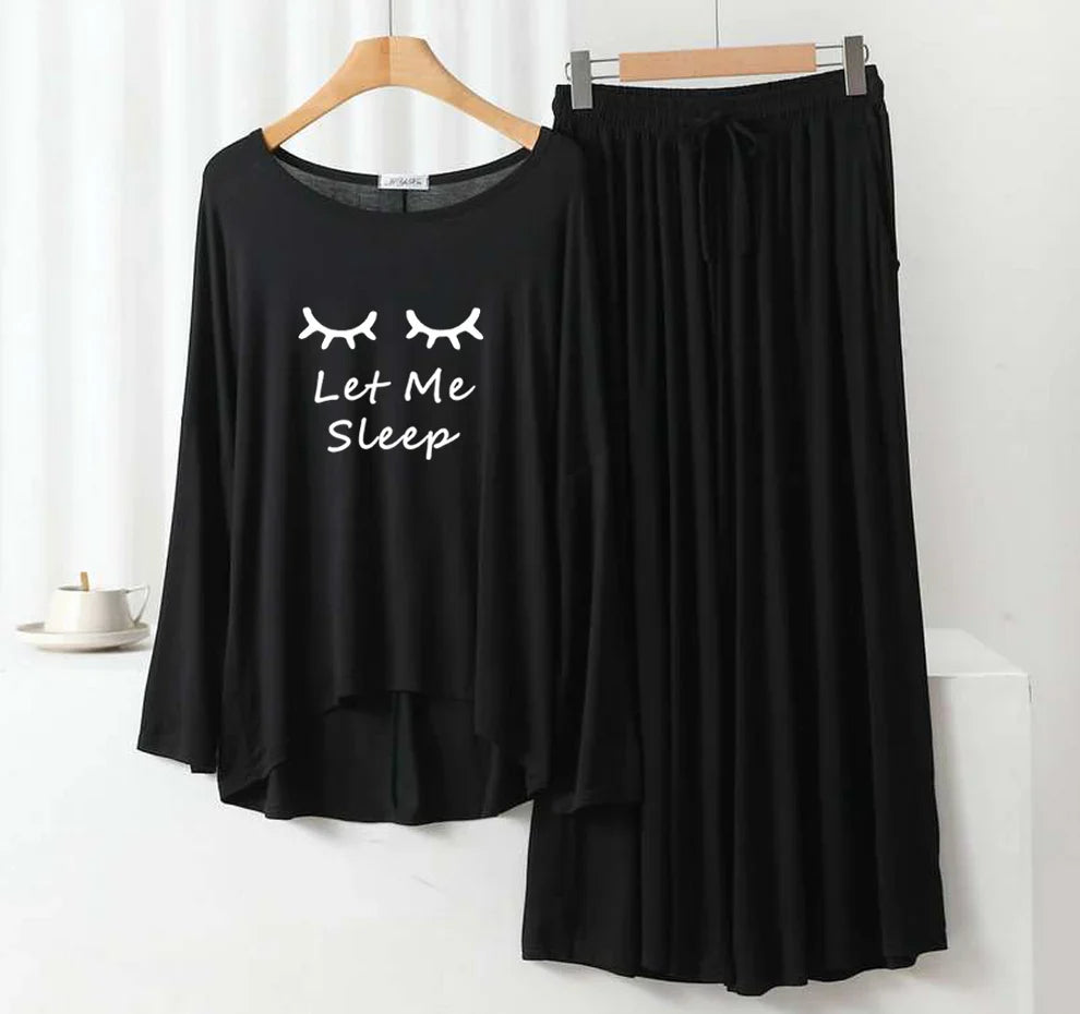 Deep Black “Let Me Sleep” Round Neck Plazzo PJ Set