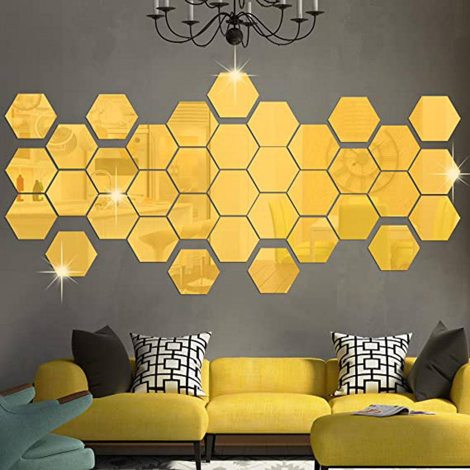 Hexagon 12 Pcs 3D Acrylic Hexagon Sliver Mirror Stickers for Wall