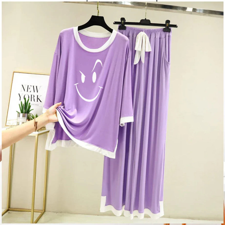 Purple Smiley Face White Round Neck Plazzo PJ Set