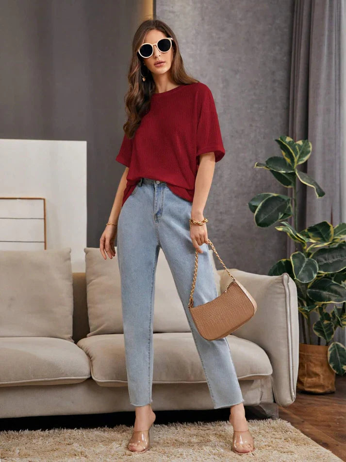 Premium Oversized Waffle Knitted Tee – Maroon