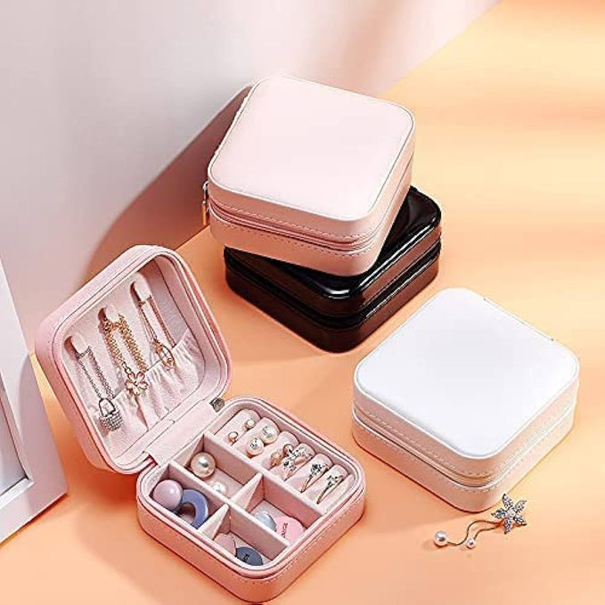 Portable Mini Jewelry Organizer Box, PU Leather Zipper For Rings, Earrings, Necklaces