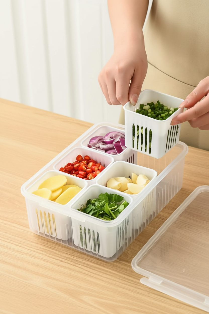 6-In-1 Kitchen Storage Box with Drain Basket – Refrigerator Fresh Keeping Food Container
