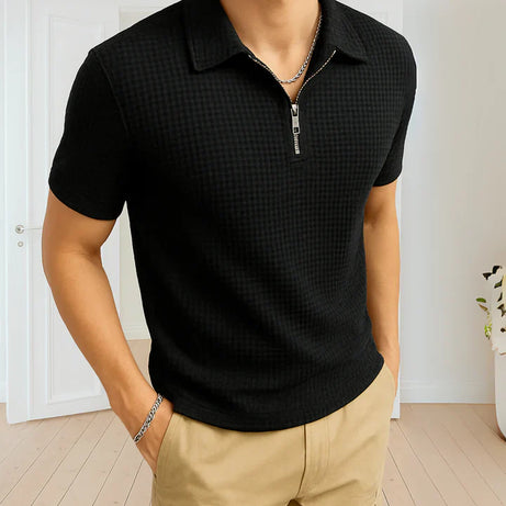 Waffle Knitted Zipper Polo – BLACK