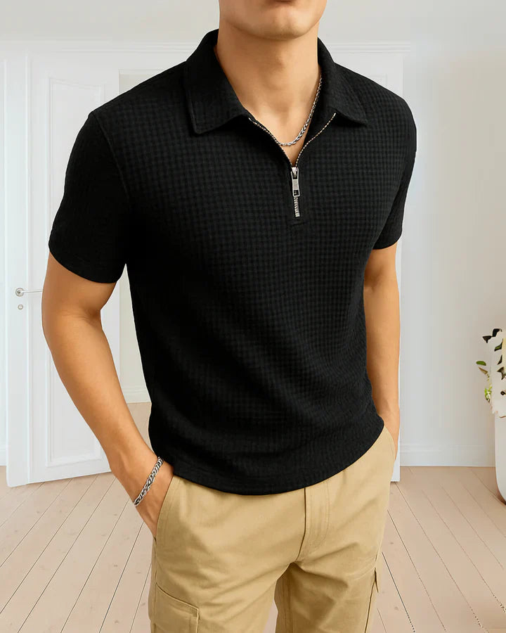 Waffle Knitted Zipper Polo – BLACK