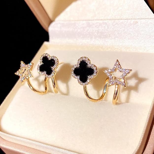 Gold Plated Stone Decor Star Four Leaf Clover Korean Earrings Black Cubic Zirconia Alloy Earring Set For Women