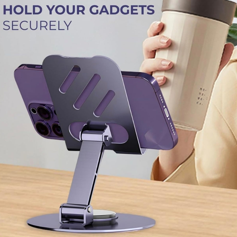 360° Rotating Heavy Metal Universal Mobile Stand with Anti-Slip Base for Desk and more – Foldable & Adjustable Holder