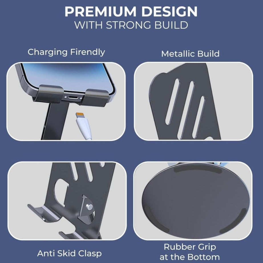 360° Rotating Heavy Metal Universal Mobile Stand with Anti-Slip Base for Desk and more – Foldable & Adjustable Holder