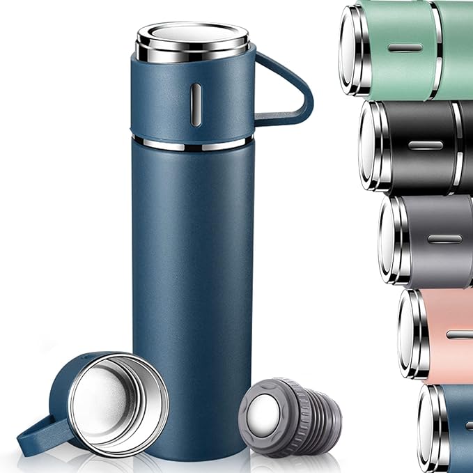 4in1 Stainless Steel Water Bottle 500ml Double Walled Vacuum with 3 Pcs Leak-proof Cups for Gym Home Office and Outdoor Use