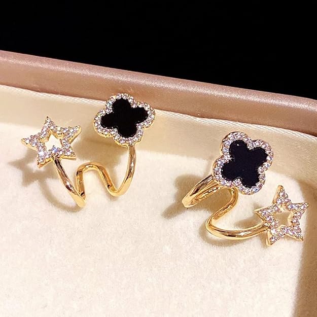 Gold Plated Stone Decor Star Four Leaf Clover Korean Earrings Black Cubic Zirconia Alloy Earring Set For Women