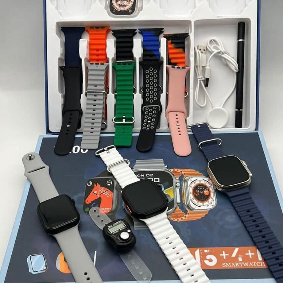 (Pack of 23 Items) 3 Smartwatches + 15 Straps with Different Colors + 1 Silicone Case + 1 Touch Pen + 1 Counter + 2 Wireless Charger and Full HD Display